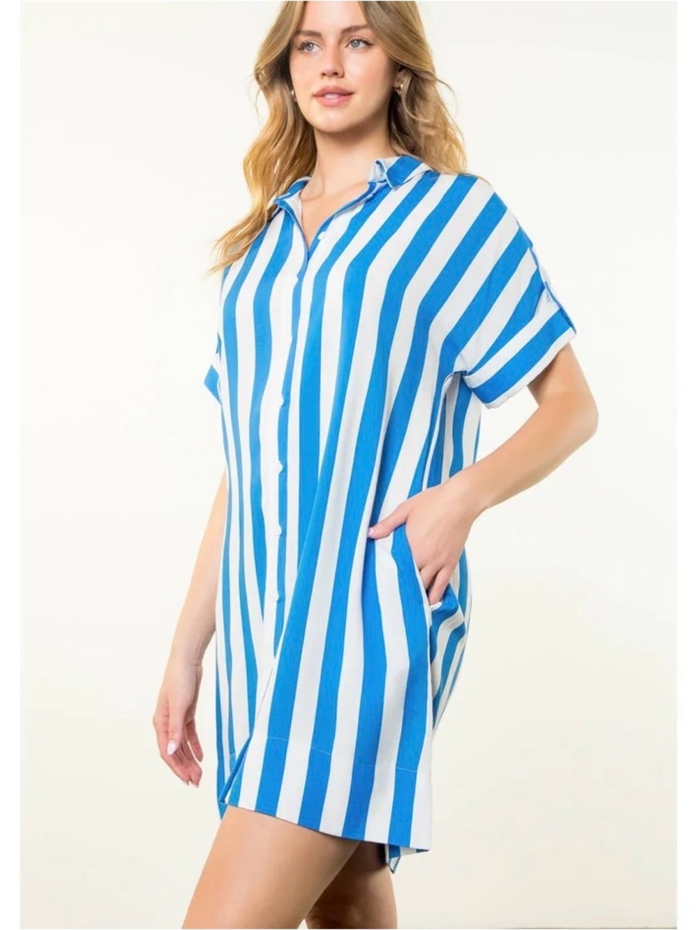 THML Blue and White Striped Button-Down Shirt Dress - Picture 3 of 6